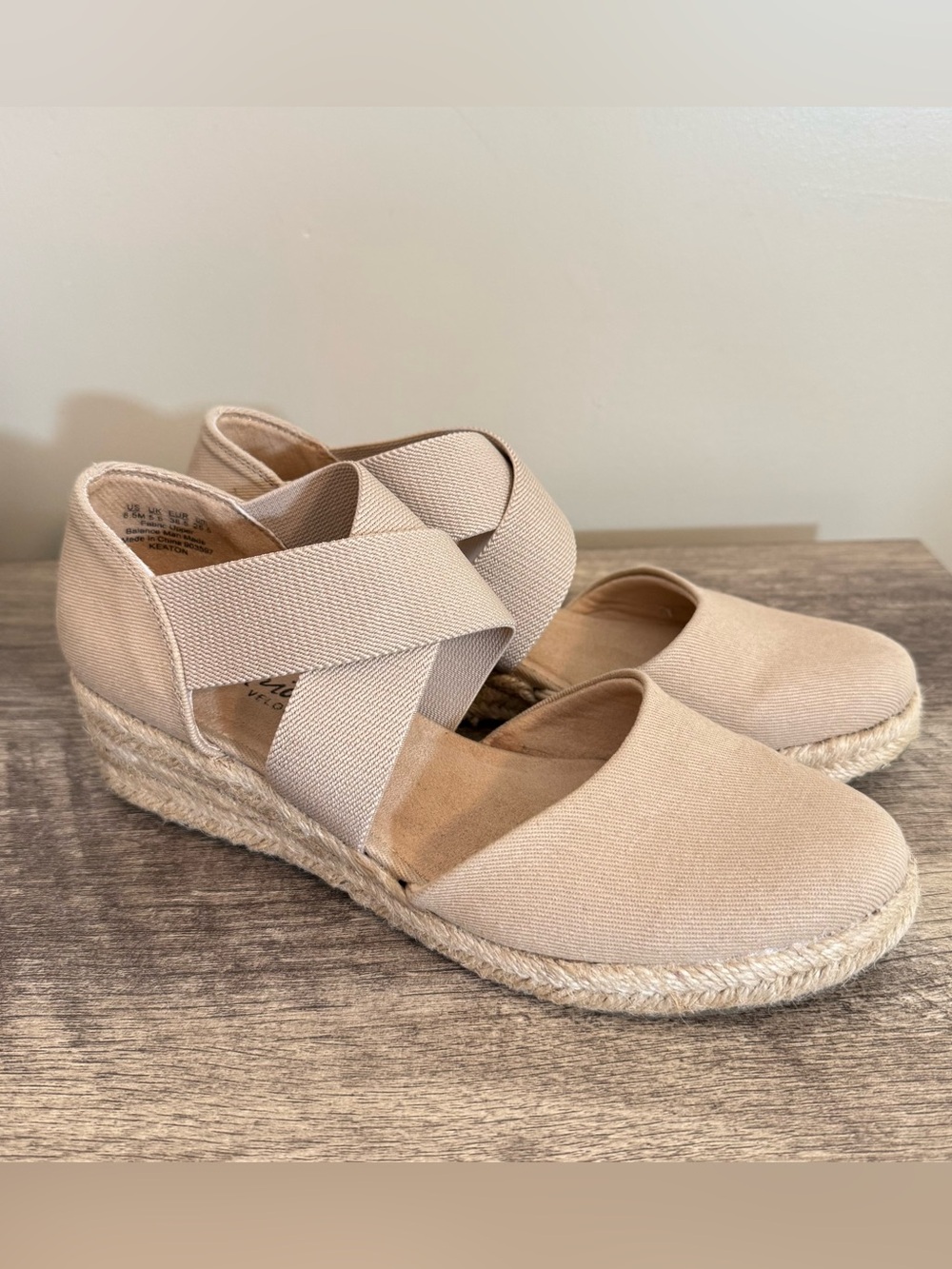 Life Stride Velocity 2.0 Keaton Espadrille Wedges Shoes Beige Canvas Sz 8.5 Boho